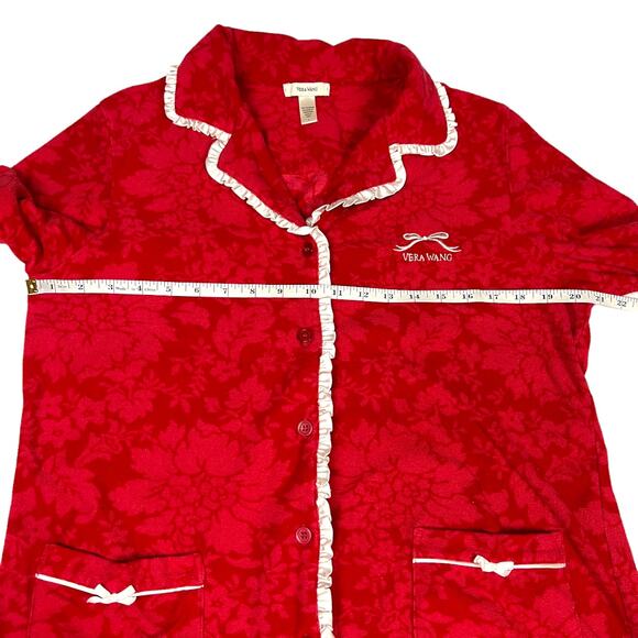 Vera Wang Pajama Shirt Red Floral White Ruffle Trim Long Sleeve Women's Large - Picture 4 of 9